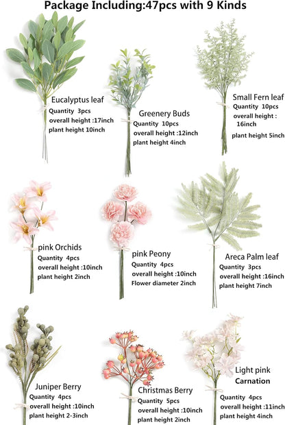 Serra Flora Artificial Greenery Stems Box Set,(Pack of 47pcs) with 9 Kinds of Faux Pink Green Filler for DIY Bridal Bouquets Wedding Floral Arrangement Table Centerpieces