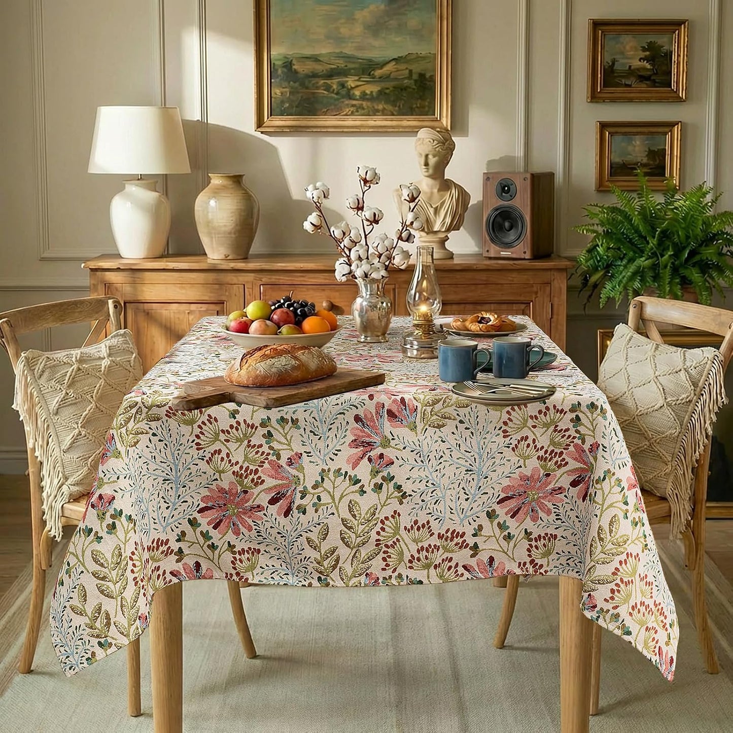 Cream Floral Linen Blend Tablecloth, 330 GSM Heavyweight Wrinkle Free Fabric for 4 Foot Rectangle Table,Dusky Pink Wildflower Design, 4-6 Seat Kitchen & Dining Table Cloth, 55" x 70"