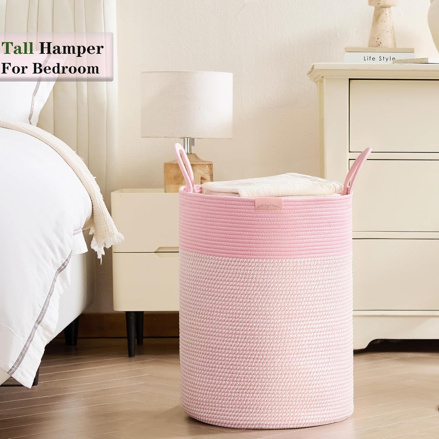 80L Extra Large Pink Hamper Tall Laundry Basket for Girls Kids Nursery Hamper for Baby Woven Cotton Rope Laundry Basket for Little Girls Room Bedroom 16x22 Inches