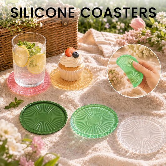 Silicone Coasters for Drinks[4 pcs,No Holder] Dual-Sided Light-Play Design, Non-Stick Cup Covers & Table Mats, Coffee Table Decor, Clear Pink