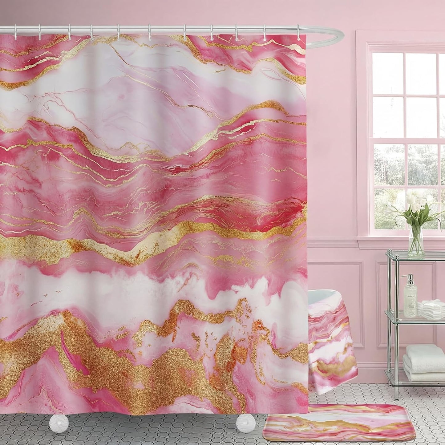 Honoson 8 Pcs Marble Bathroom Accessories Shower Curtain Set with Rugs and Kitchen Towels Modern Marble Farmhouse Bathroom Decor Floor mats for Farmhouse Country Spring Decor (Pink)