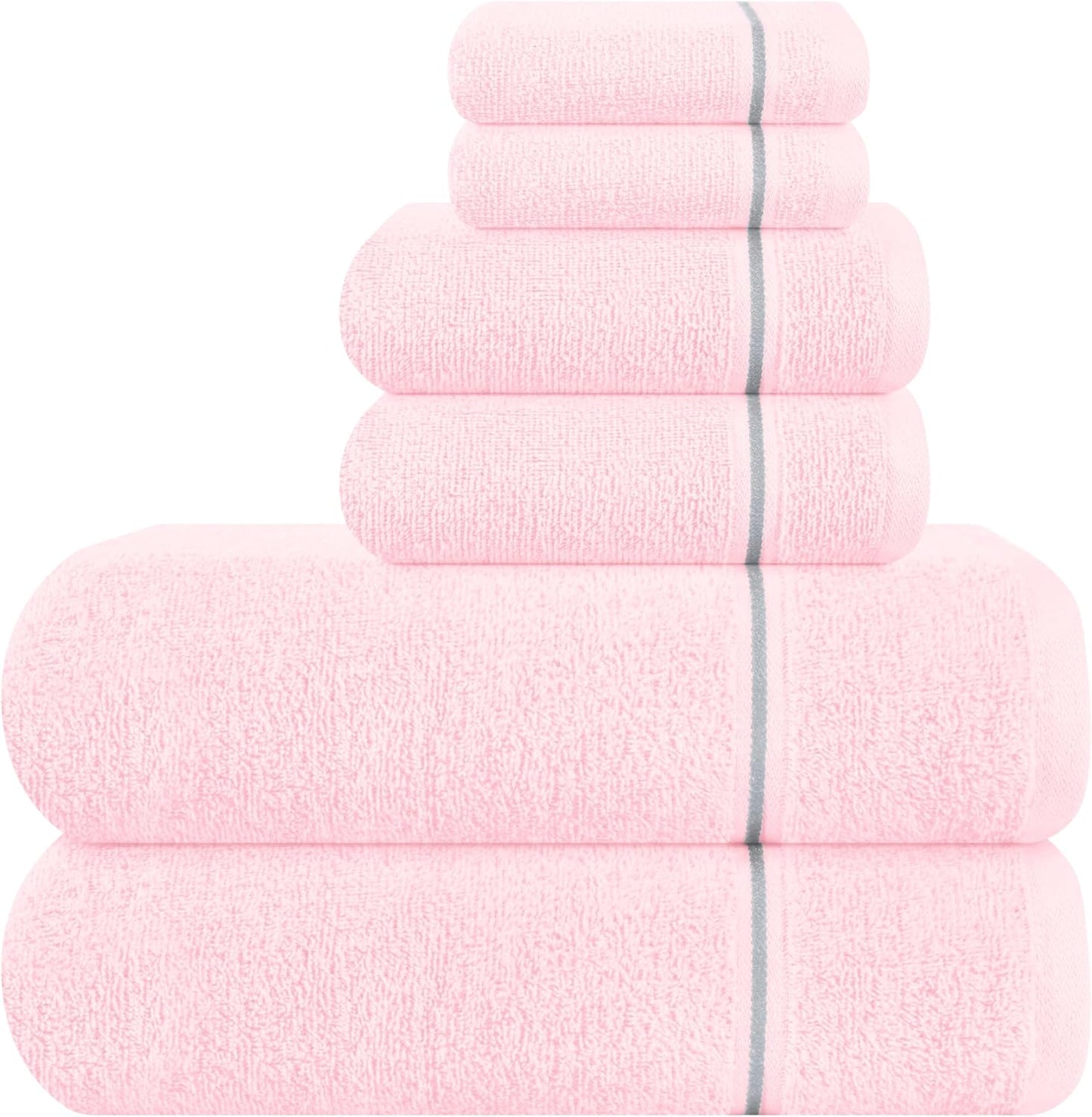 MyOwn Ultra Soft 6 Pack Cotton Towel Set, Contains 2 Bath Towels 28x55 inch, 2 Hand Towels 16x24 inch & 2 Wash Coths 12x12 inch, Ideal Everyday use, Compact & Lightweight - Pink