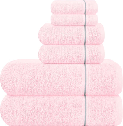 MyOwn Ultra Soft 6 Pack Cotton Towel Set, Contains 2 Bath Towels 28x55 inch, 2 Hand Towels 16x24 inch & 2 Wash Coths 12x12 inch, Ideal Everyday use, Compact & Lightweight - Pink