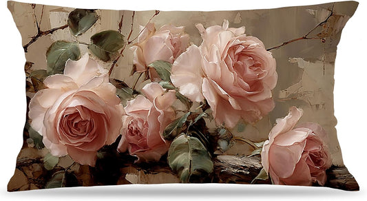 Vintage Pink Rose Floral Small Decorative Rectangle Pillow Throw Covers 12x20 Decor, Shabby Chic Rustic Cottagecore Decorative Throw Pillow Covers, Gifts for Mom Wife Double-Sided