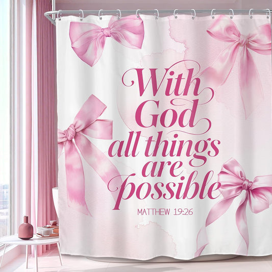 SVBright Pink Bow Bible Verse Shower Curtain 60Wx72L Inch Coquette Bowknot Cute Girly Inspirational Scripture Quotes Modern Artistic 12 Pack Hooks Polyester Waterproof Fabric Bathroom Bathtub Panels