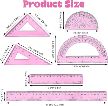 Tenare 1 Set Plastic Clear Math Set Includes Protractor Triangle Rulers 12 Inch 6 Inch Straight Geometry Math Transparent Ruler Measuring Tool for School Office Home Supplies(Pink)