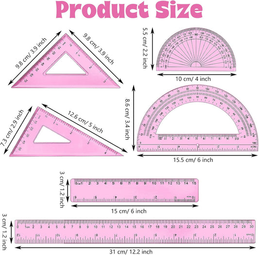 Tenare 1 Set Plastic Clear Math Set Includes Protractor Triangle Rulers 12 Inch 6 Inch Straight Geometry Math Transparent Ruler Measuring Tool for School Office Home Supplies(Pink)