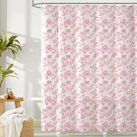 Valentine’s Day Pink Shower Curtain Set, Romantic Cottagecore Floral Shower Curtains for Bathroom, French Country Bird & Fruit Pattern, 72" x 72"