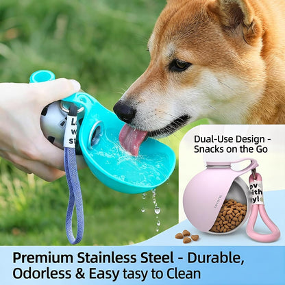Dog Water Bottle, 10oz Stainless Steel Portable Dog Water Bottle with Foldable Silicone Bowl, 2-in-1 Portable Dog Water Bowl for Water & Food, Water Dispenser for Dogs Walking (Pink)