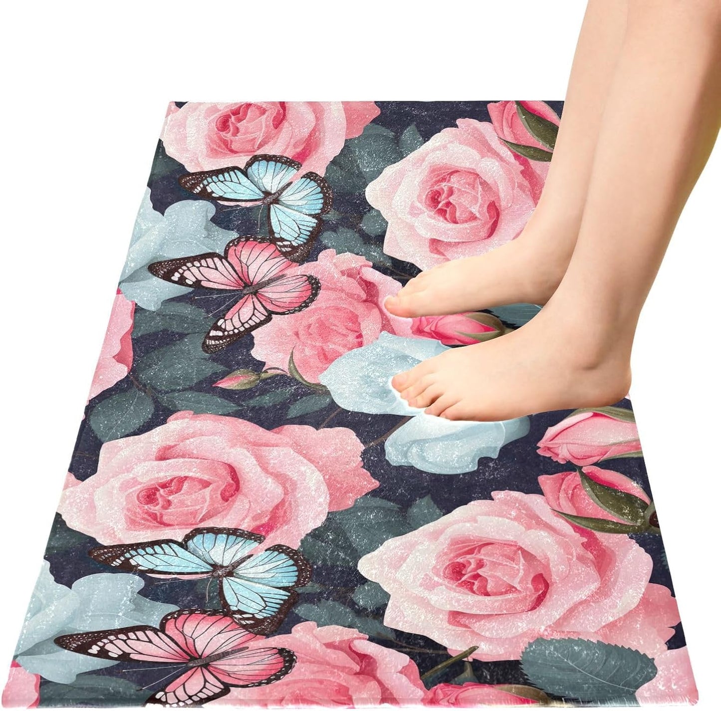J JOYSAY Pink Rose Bathroom Rug Mat Ultra Soft Absorbent Bath Rug Carpet Non Slip Quick Dry Bath Mats for Kitchen Bedroom Living Room Bathroom Shower 39x20 inch