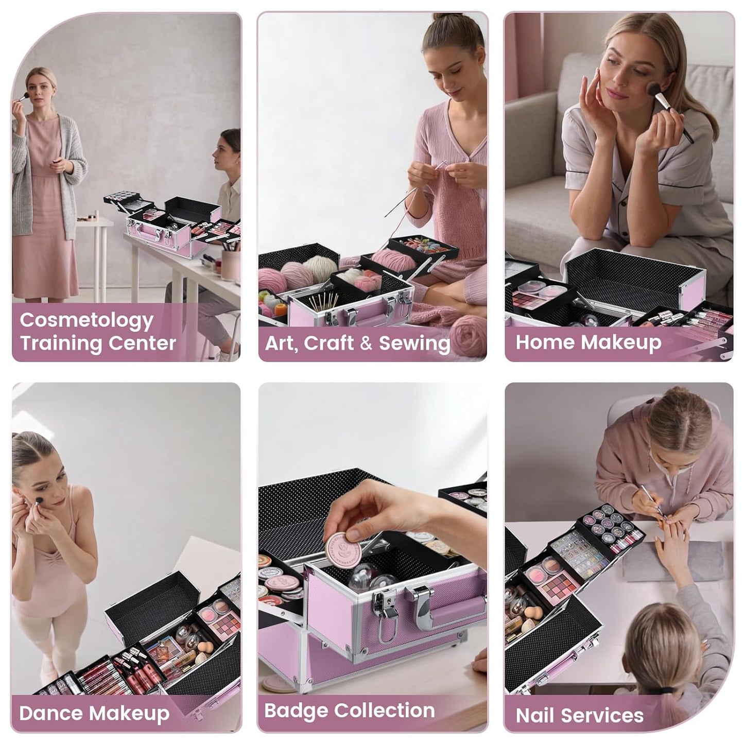 Frenessa Makeup Train Case Large Portable Cosmetic Case - 6 Tier Trays Professional Makeup Storage Organizer Box Make Up Carrier with Lockable keys - Pink