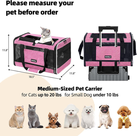 Cat Carrier Soft-Sided Travel Bag for Medium to Large Cats Over 15lbs, Small Dog Carrier Crate Top Entry Breathable Mesh Puppy 12 Pounds, Pet Rabbit Carrying Cage Kennel Collapsible Pink