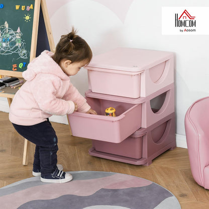 Qaba 3 Tier Kids Storage Unit, 3 Drawer Chest Toy Organizer Plastic Bins for Kids Bedroom Nursery Kindergarten Living Room for Boys Girls Toddlers, Pink
