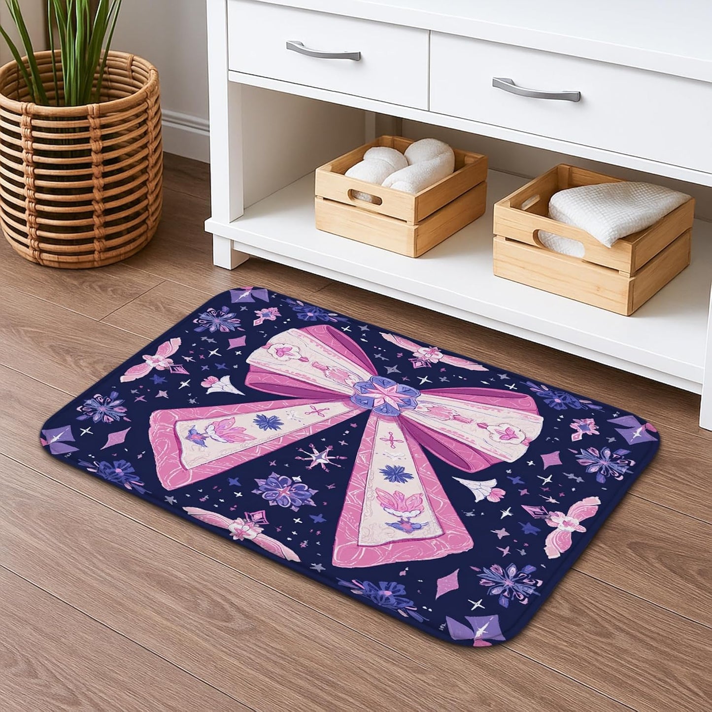 Bow Pattern Quick Dry Bath Mat, Elegant Peach Floral Non Slip Shower Mat, Seasonal Memory Foam Washable Bath Rugs for Bathroom Toilet Restroom Decorative 20x32 Inch