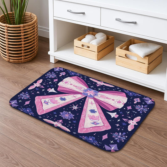 Bow Pattern Quick Dry Bath Mat, Elegant Peach Floral Non Slip Shower Mat, Seasonal Memory Foam Washable Bath Rugs for Bathroom Toilet Restroom Decorative 20x32 Inch