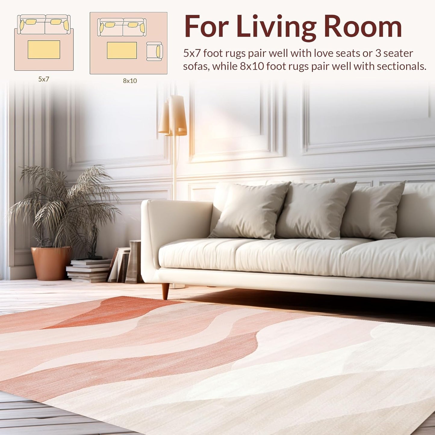 Flatwoven High Traffic Area Rug 4x6, Pastel Abstract Wave Motif Rug Featuring Flowing Curved Lines, Non Slip, Stain Resistant, Washable Area Rugs for Living Room, Bedroom (Peach, 4x6)