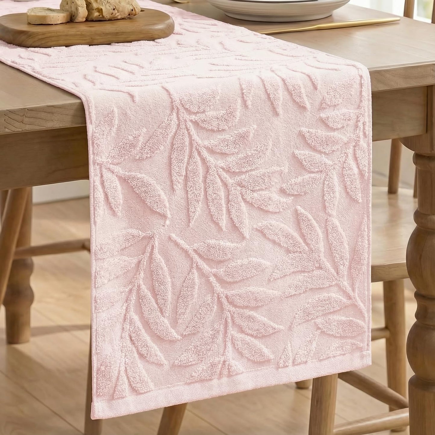 Artoid Mode Pink Soft 3D Jacquard Leaves 100%Cotton Spring Table Runner, Holiday Kitchen Dining Table Decoration for Home Party Decor 13x72 Inch