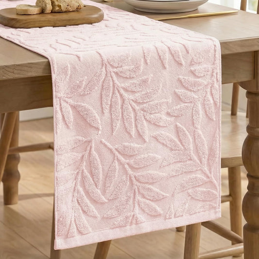 Artoid Mode Pink Soft 3D Jacquard Leaves 100%Cotton Spring Table Runner, Holiday Kitchen Dining Table Decoration for Home Party Decor 13x72 Inch