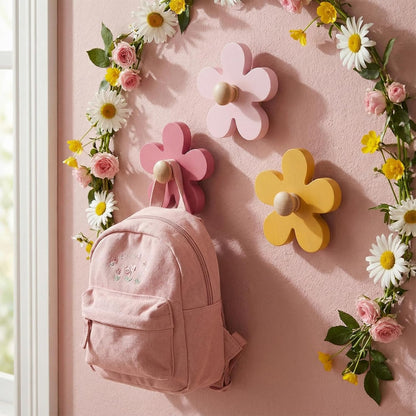 AceOrbit Pcs Daisy Wall Hooks Wood Flower Towel Hooks Cute Flower Decorative Wall Mount Hangers for Bathroom Kitchen Bedroom Home Entryway Decor (3,Yellow, Pink, Purple)