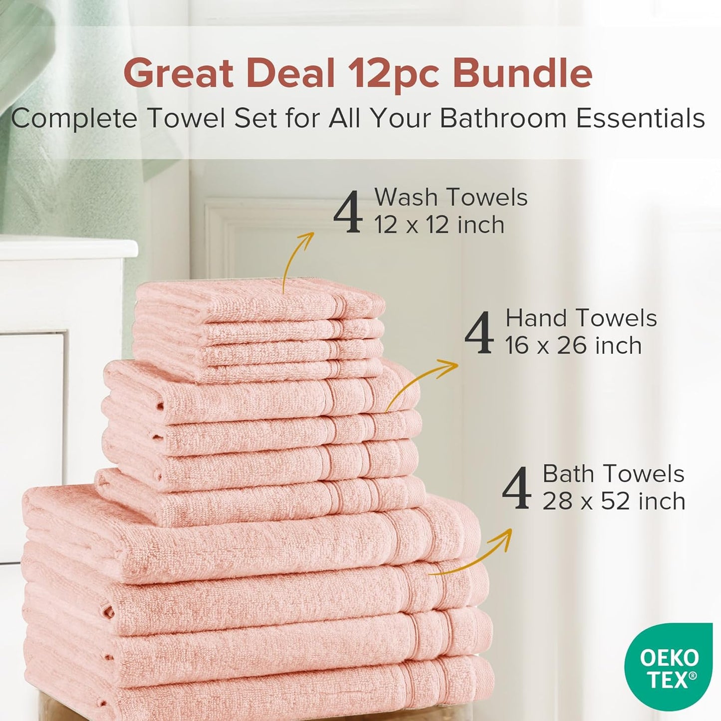 Comfort Spaces Towel Set for Bathroom 12 Piece Luxury Bath Towel Set 4 Hand Towel for Bathroom 4 Washcloth 4 Large Bath Pink Towel Sets 100% Cotton Quick Dry Towel Zero Twist Soft Lightweight Blush