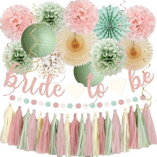 Sage Green and Blush Pink Bachelorette Party Decorations - Bride To Be Banner, Sage Green Paper Lanterns, Streamers, Tissue Pom Poms, Blush Pink Beige Boho Paper Tassel, Rustic Backdrop Decor
