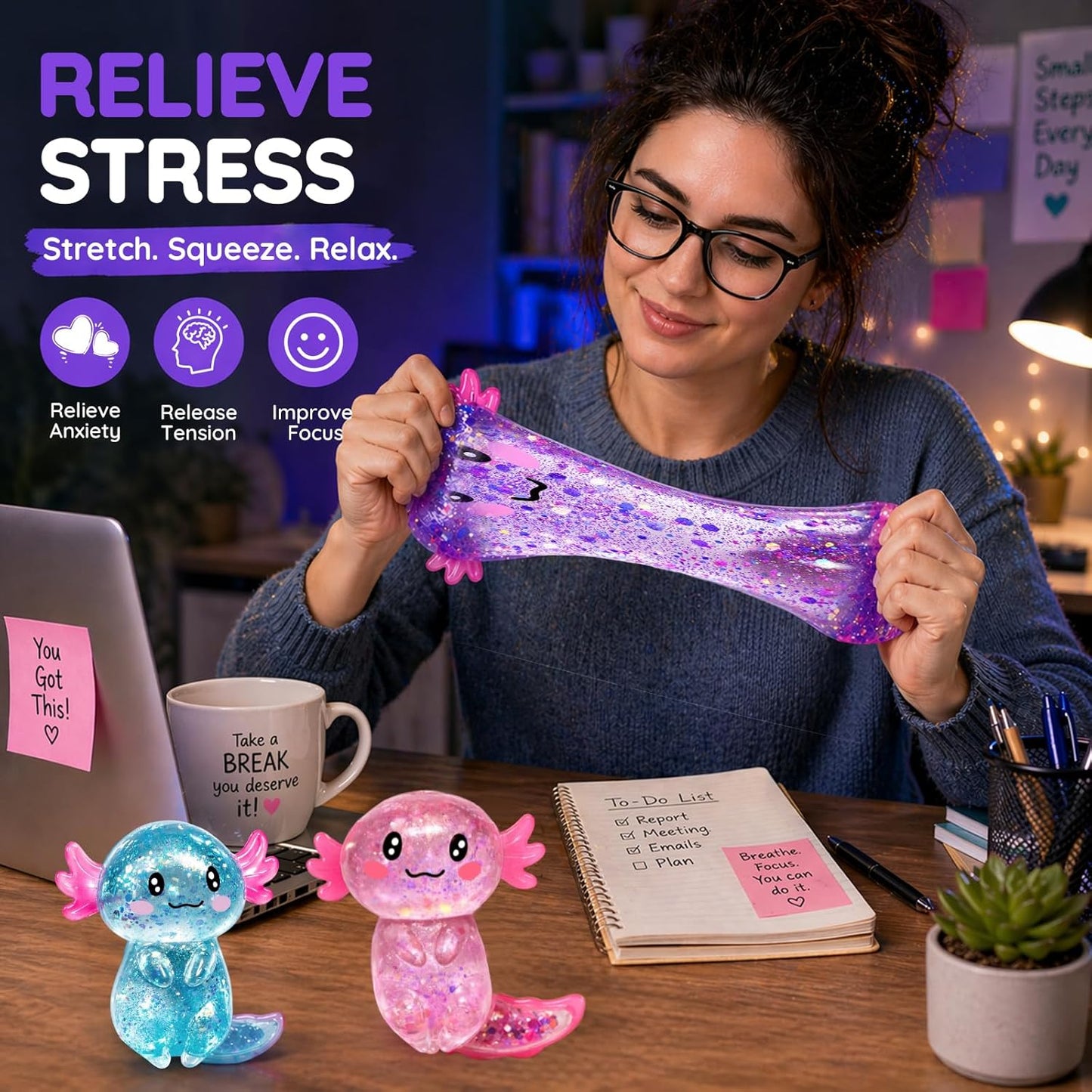Axolotl Squishy Glitter Stress Relief Toy, Stretchy Axolotls Stress Ball, Relief Squishy Toys, Fidget Toys for Kids Youth Adult, Salamander Gift for Party Birthday Christmas (Pink)