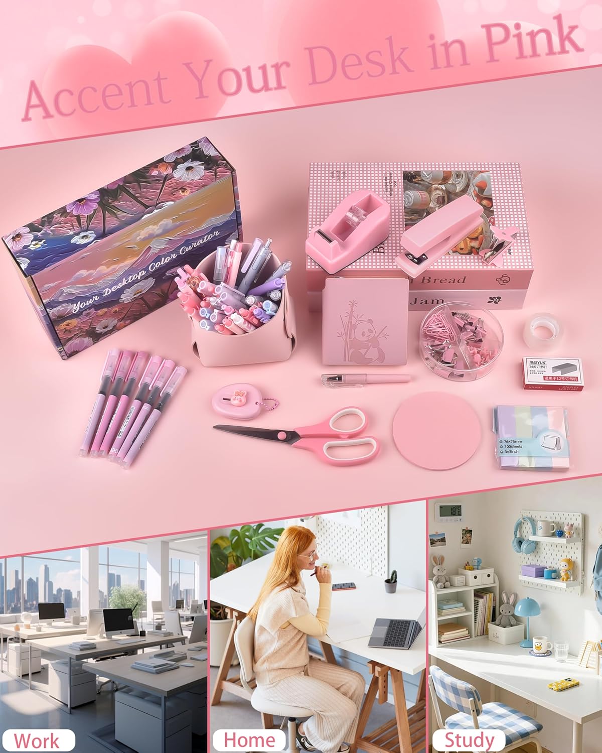 Pink Desk Accessories, Pencil case, Stapler, Pen and a Lot of Office Pink Office Supplies Beautifully Presented in a Gift Box