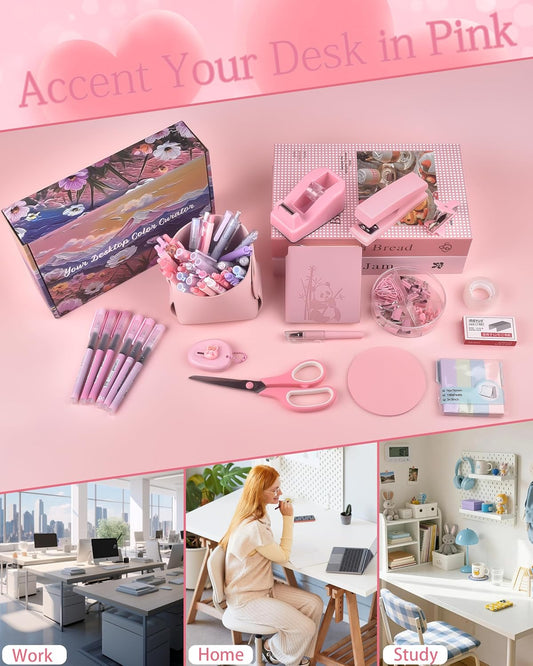 Pink Desk Accessories, Pencil case, Stapler, Pen and a Lot of Office Pink Office Supplies Beautifully Presented in a Gift Box