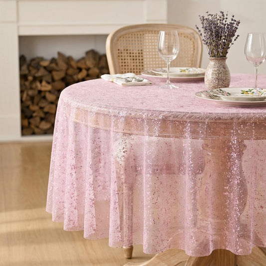 Horaldaily Pink Gold Gauze Tablecloth 60x60 Inch Round, Pink Sequin Glitter Metallic Foil, Sheer Tulle Cheesecloth for Wedding Baby Shower Ceremony Birthday