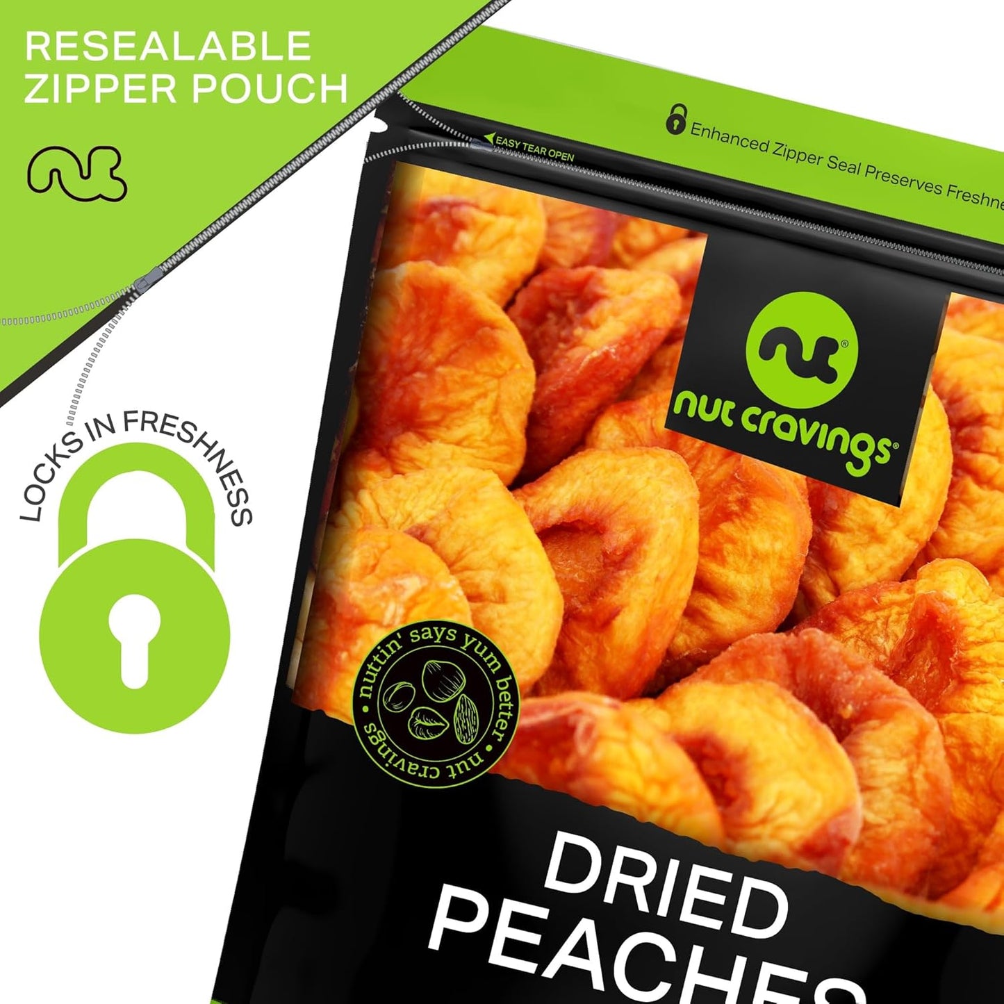 NUT CRAVINGS - Dried California Peaches, No Sugar Added, Unsweetened (8oz, 1 Pack) Sweet Healthy Snack, Vegan, Kosher, Resealable Bag