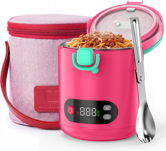 EAST OAK Heated Lunch Box for Kids, 13oz Cordless Electric Lunch Box with Temp Settings & Timer, Portable Food Warmer, 304 Insulated Food Container & Jar, BPA-Free for Early School(Pink)