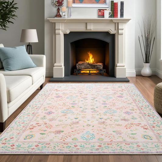CRYPTOLITE Area Rug for Living Room, 9x12 Machine Washable Non Slip Large Faux Wool Throw Rug, Low Pile & Non-Shedding Boho Large Carpet Rugs for for Dining Room, Bedroom, Office (Pink)
