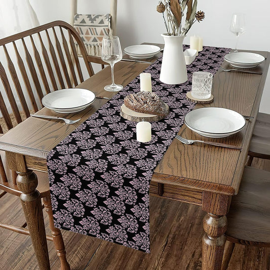 Pink Black Damask Table Runner Luxurious Baroque Rococo Style Table Runners for Kitchen Dining Room Pink Damask Flower Pattern Dresser Runners for Home Party Decor 72x13 Inch