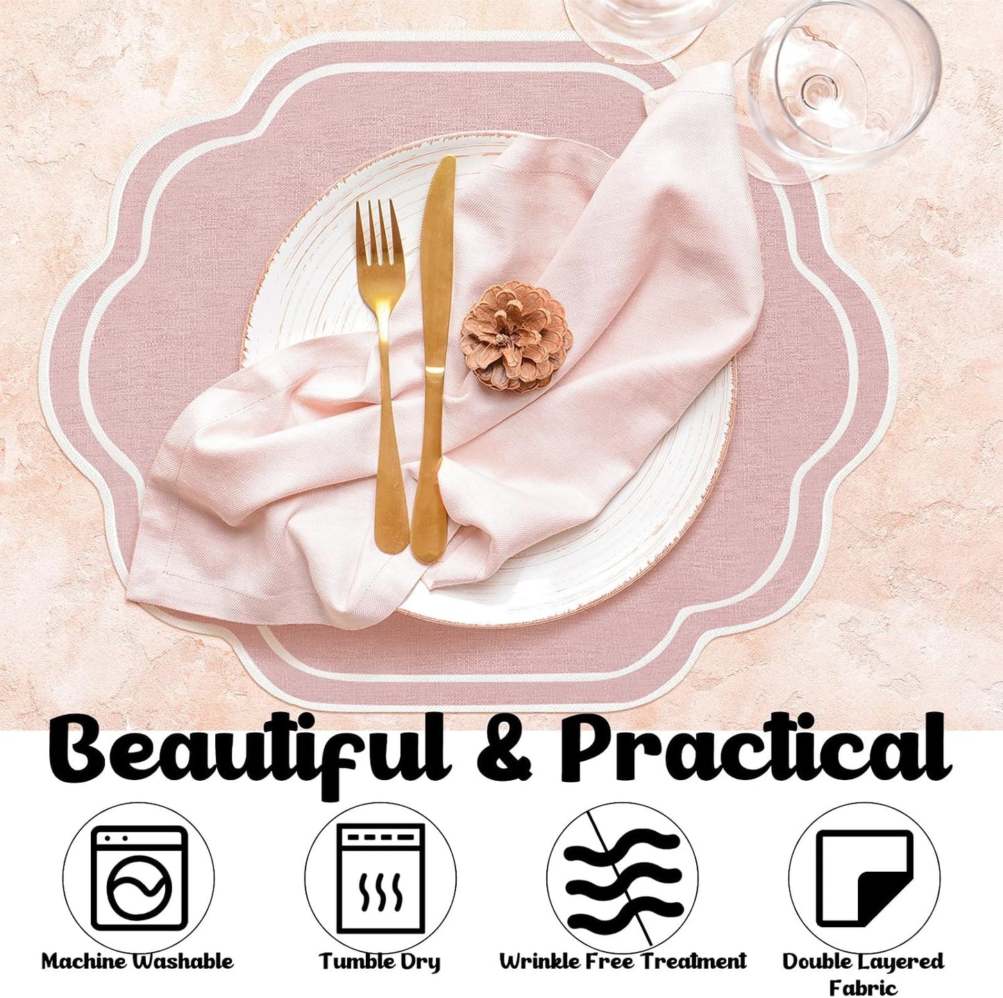 Breling 6 Pcs Pink Wedding Placemats Scalloped Embroidered Cotton Linen Placemats 17" x 13" Double Layered Machine Washable Table Place Mat for Party Table Decor (Cotton)