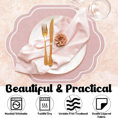 Breling 6 Pcs Pink Wedding Placemats Scalloped Embroidered Cotton Linen Placemats 17" x 13" Double Layered Machine Washable Table Place Mat for Party Table Decor (Cotton)