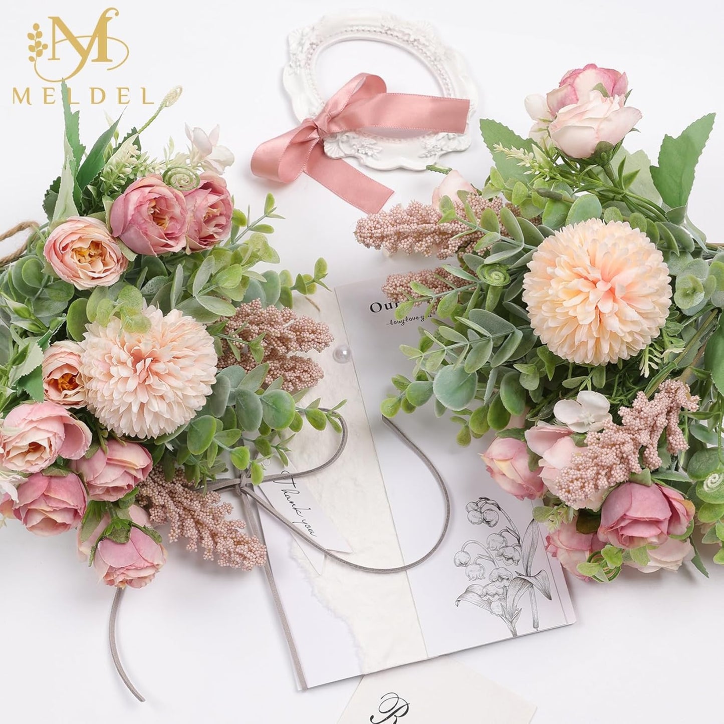 3Pcs Rose Bouquet Pink Artificial Flowers Eucalyptus Plants Fake Silk Flower Arrangements Wedding Bouquets Decorations Plastic Floral Table Centerpieces for Home Kitchen Garden Party Decor