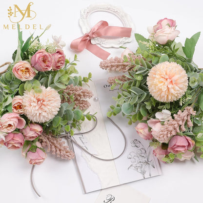 3Pcs Rose Bouquet Pink Artificial Flowers Eucalyptus Plants Fake Silk Flower Arrangements Wedding Bouquets Decorations Plastic Floral Table Centerpieces for Home Kitchen Garden Party Decor