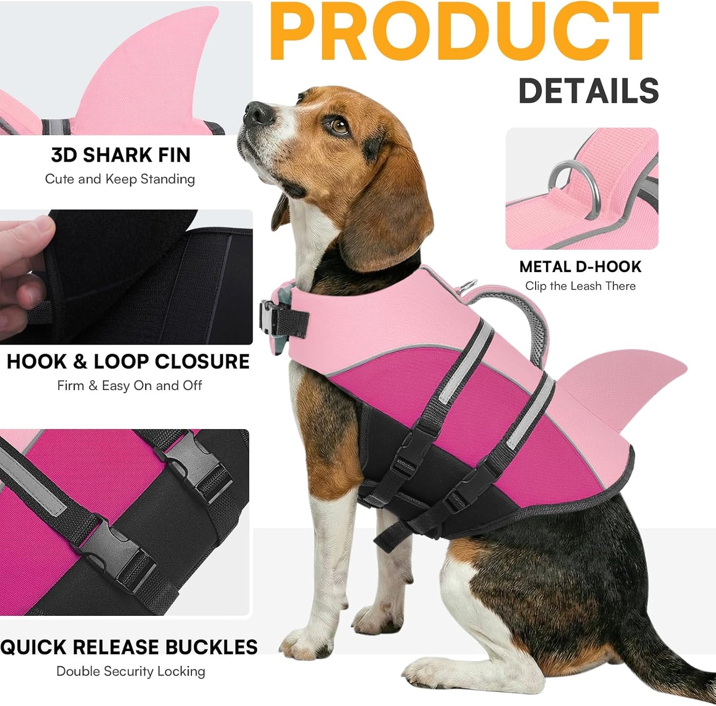 Queenmore Shark Dog Life Vest, XXL Dog Life Jacket for Swimming Boating for Large Dogs in Pool Lake Rescue Handle, Leash Hook, Reflective Strip, High Buoyancy