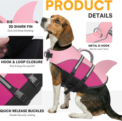 Queenmore Shark Dog Life Vest, XXL Dog Life Jacket for Swimming Boating for Large Dogs in Pool Lake Rescue Handle, Leash Hook, Reflective Strip, High Buoyancy