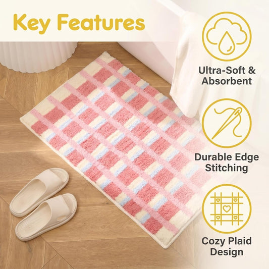 GIB Bathroom Rugs Mat 24" x 16", Extra Soft Absorbent Plush Fluffy Bath Rugs, Non-Slip Washable Bath Mats for Bathroom Floor Shower Home Decor Accessories, Soft Pink & Cream Checkered