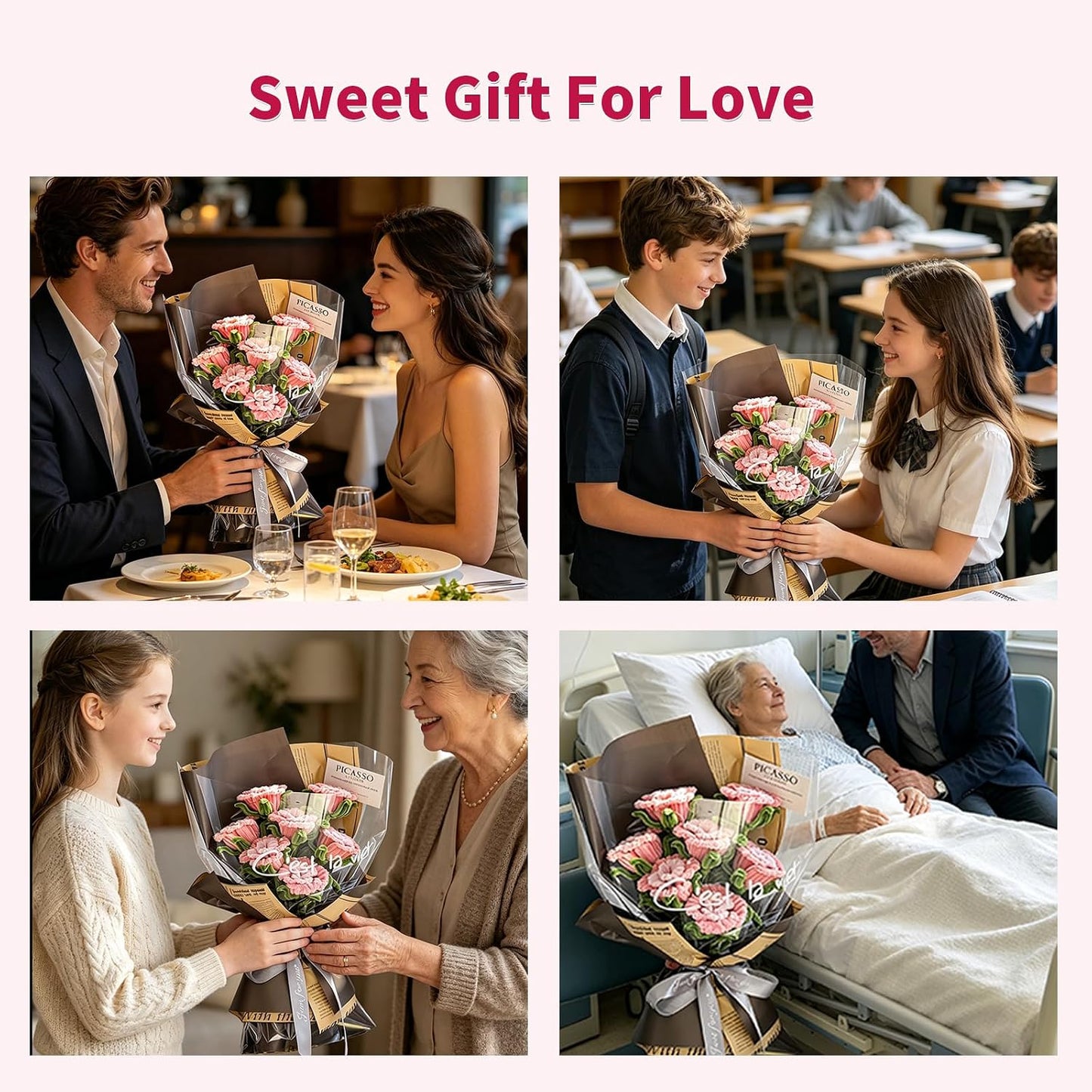 500 Pcs Pipe Cleaner Flower Kit, Pink Rose Pipe Cleaner Flowers with Chenille Stems, Wrapping Paper and Ribbon, DIY Arts and Crafts Gift for Girls