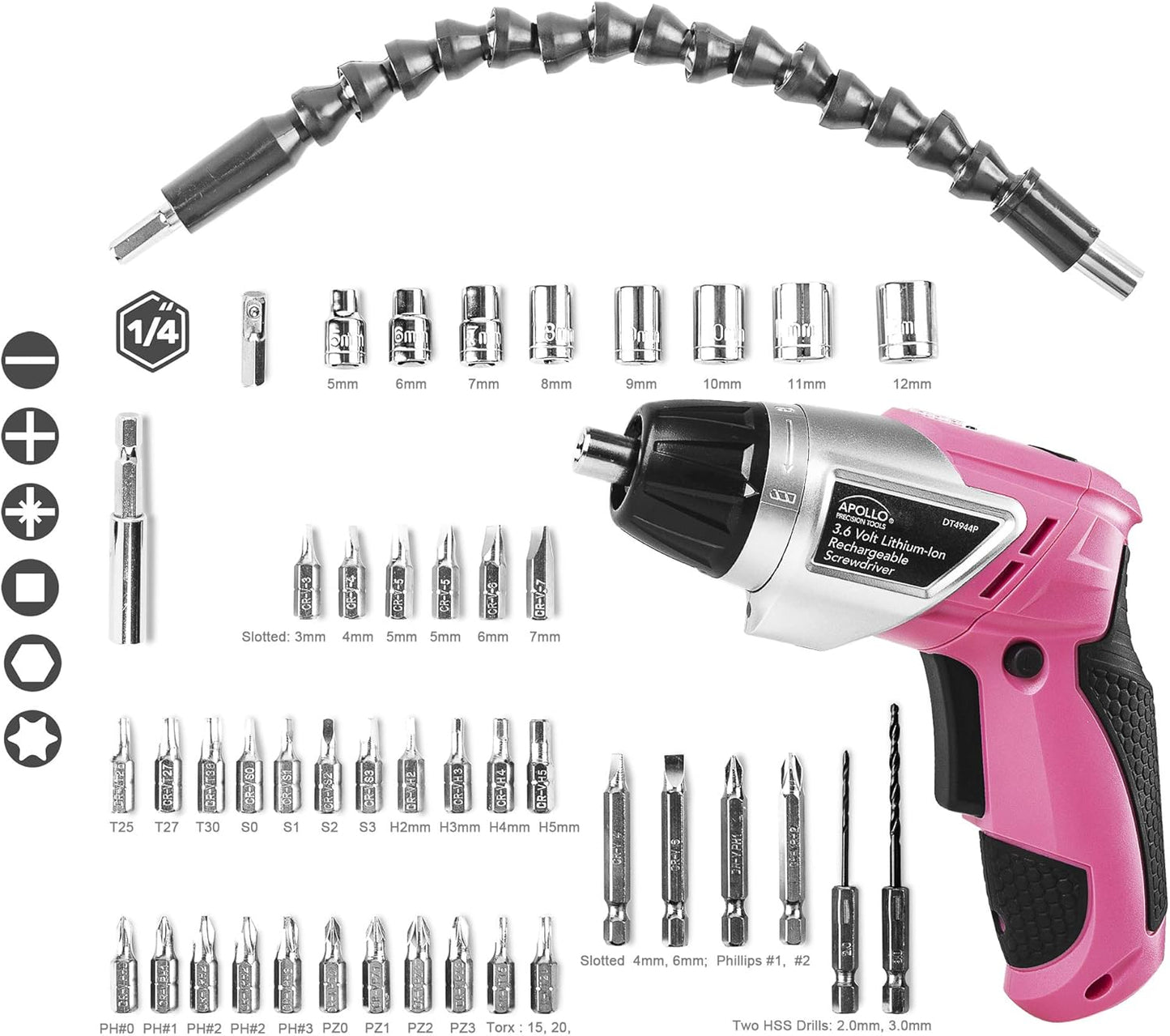 Apollo Tools Lightweight Cordless Screwdriver Set Includes Rechargeable 3.6 Volt Li-ion Screwdriver and 45 Piece Accessory Set in Black Carrying Case- Pink Ribbon- Pink - DT4944P