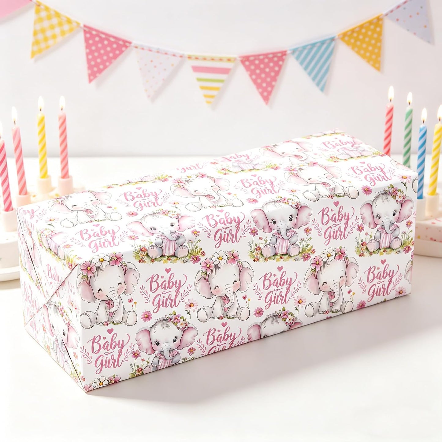Vnaaem Baby Girl Wrapping Paper Roll - Pink Cute Elephant with Flower Design Gift Wrap for Baby Shower Birthday Party Holiday(Total 28.5 sq.ft)