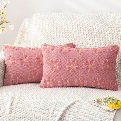 AQOTHES Spring Summer Pink Throw Pillow Covers 18x18 inch Set of 2 Flower Floral Faux Fur Cute Throw Pillows for Sofa Couch Living Room Decor