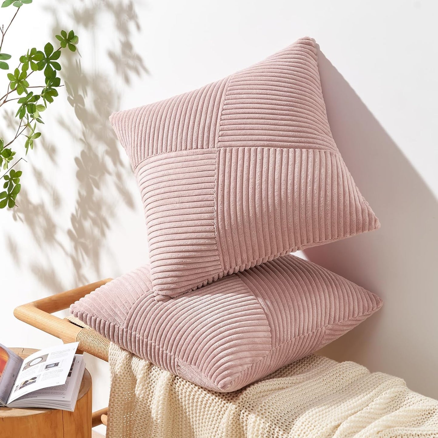 Topfinel Set of 2 Pink Decorative Yellow Throw Pillow Covers 18x18 Inch for Couch Sofa Bed, Farmhouse Boho Rustic Home Decor,Soft Corduroy Windmill Textured Striped Patchwork Cushion Cases