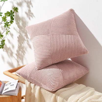 Topfinel Set of 2 Pink Decorative Yellow Throw Pillow Covers 18x18 Inch for Couch Sofa Bed, Farmhouse Boho Rustic Home Decor,Soft Corduroy Windmill Textured Striped Patchwork Cushion Cases
