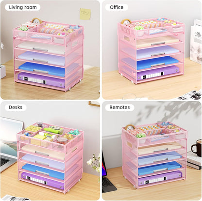 Marbrasse 5 Tier Paper Organizer Letter Tray, Mesh Desk File Organizer with Handle, Paper Sorter Desk Organizer for Home Office Supplies - Pink, Adjustable