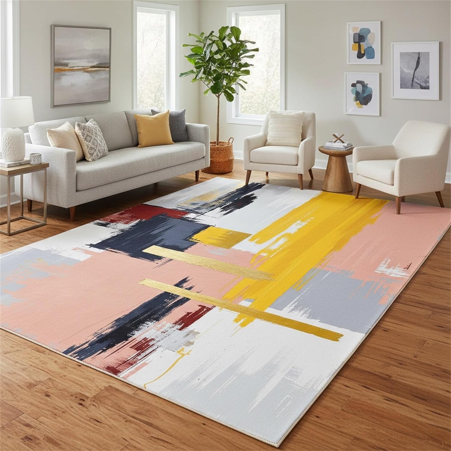 Modern Abstract Textured Area Rug 4x6 Light Pink Yellow Grey Art Aesthetic Deco Indoor Carpet for Living Room Bedroom Dining Room Soft Washable Non Slip Rugs Nursery Dorm Kitchen Office Floor Mats