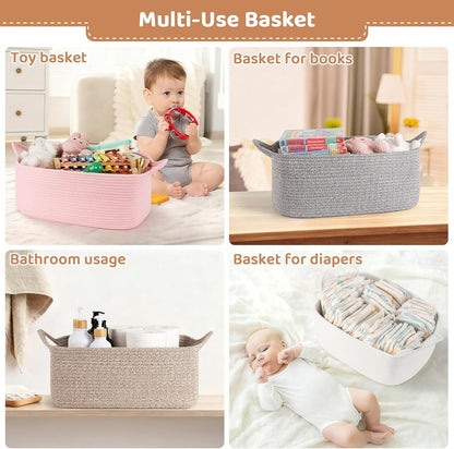 OIASKET Large Empty Gift Baskets for Baby Shower, 16.5" L x 12.6" W x 7" H Cute Woven Storage Basket with Gift Bags and Ribbons, Small Rope Toy Basket with Handles, Cat Dog Pet Toy Organizer - Pink