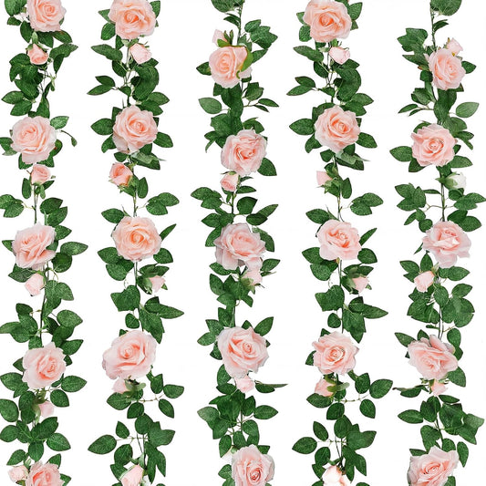 ZIFTY 5Pcs 32.5FT Flower Garland Artificial Rose Vine, Pink Rose Garland, Floral Garlands for Decoration, Fake Silk Hanging Vines Flowers for Wedding Party Arch Garden